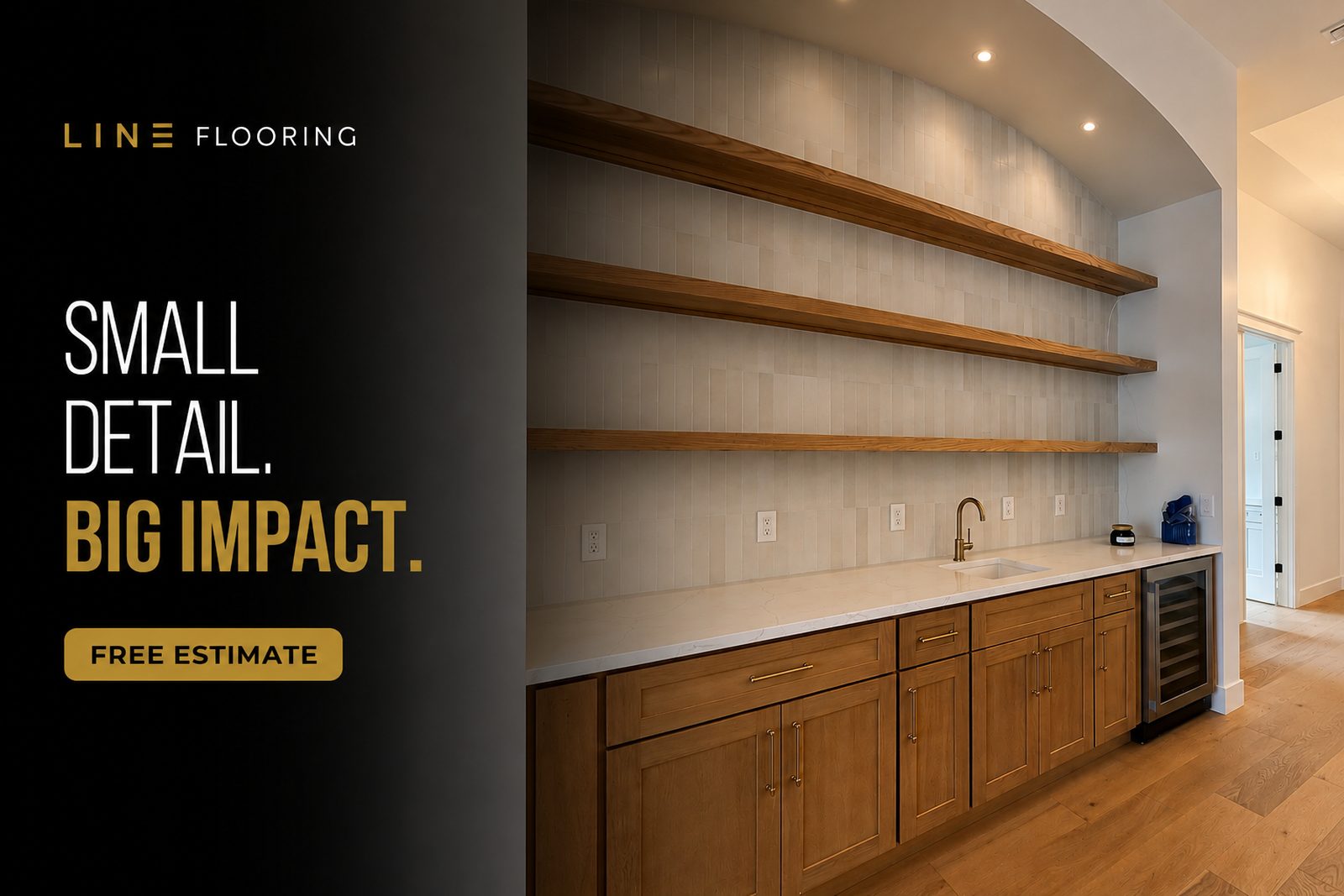 Tile backsplash with floating wood shelves, Line Flooring project