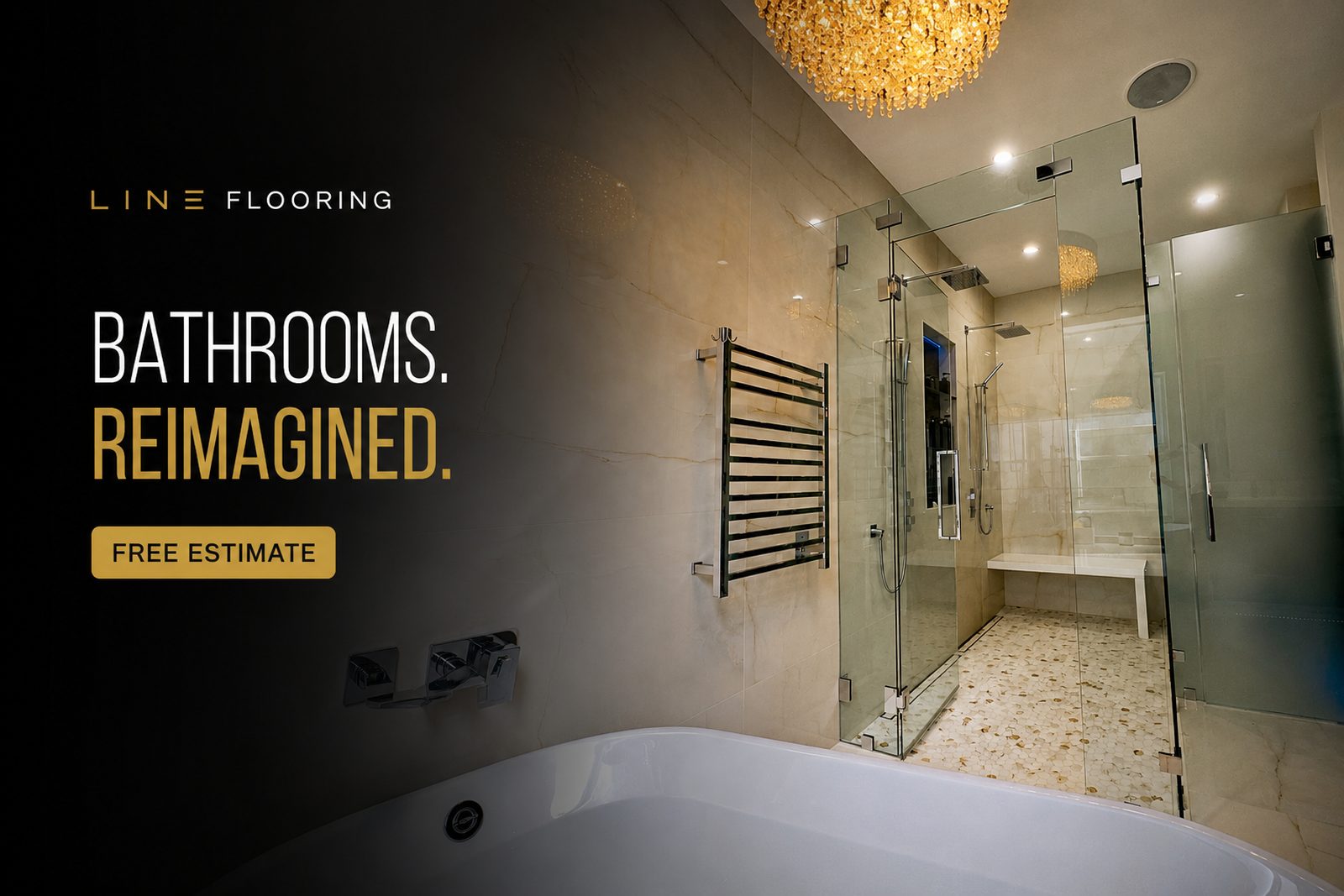 Marble bathroom with frameless glass steam shower, Line Flooring project