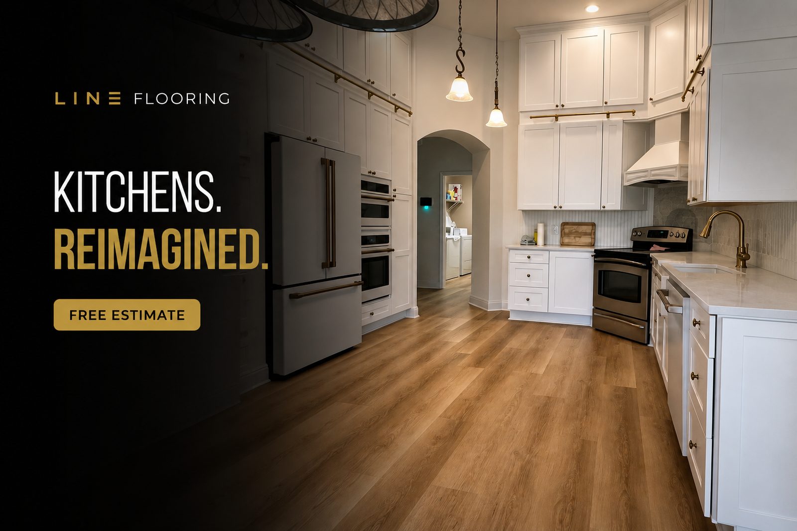 Remodeled white shaker kitchen with new LVP flooring, Line Flooring project
