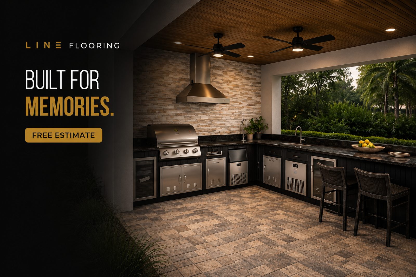 Custom outdoor kitchen with grill and stone backsplash, Line Flooring project