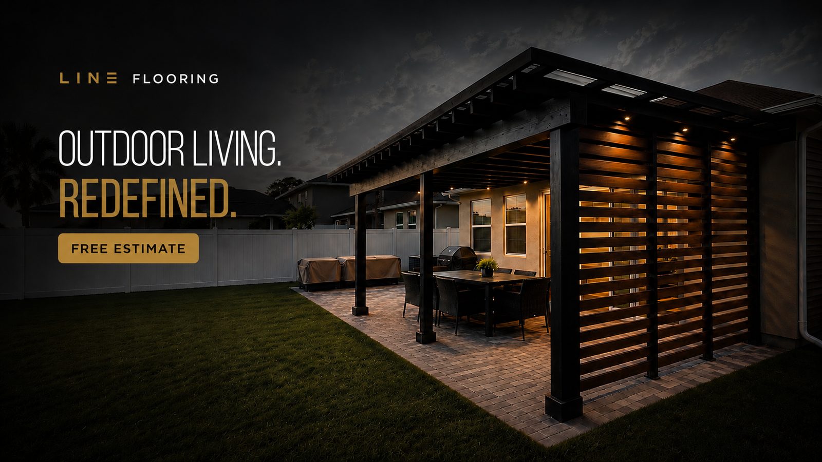 Custom wood pergola outdoor living space at night, Line Flooring project