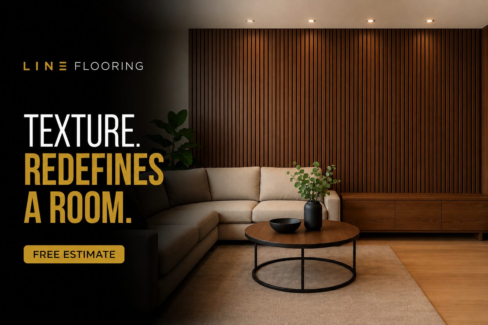 Wood slat accent wall paneling in a living room, Line Flooring project