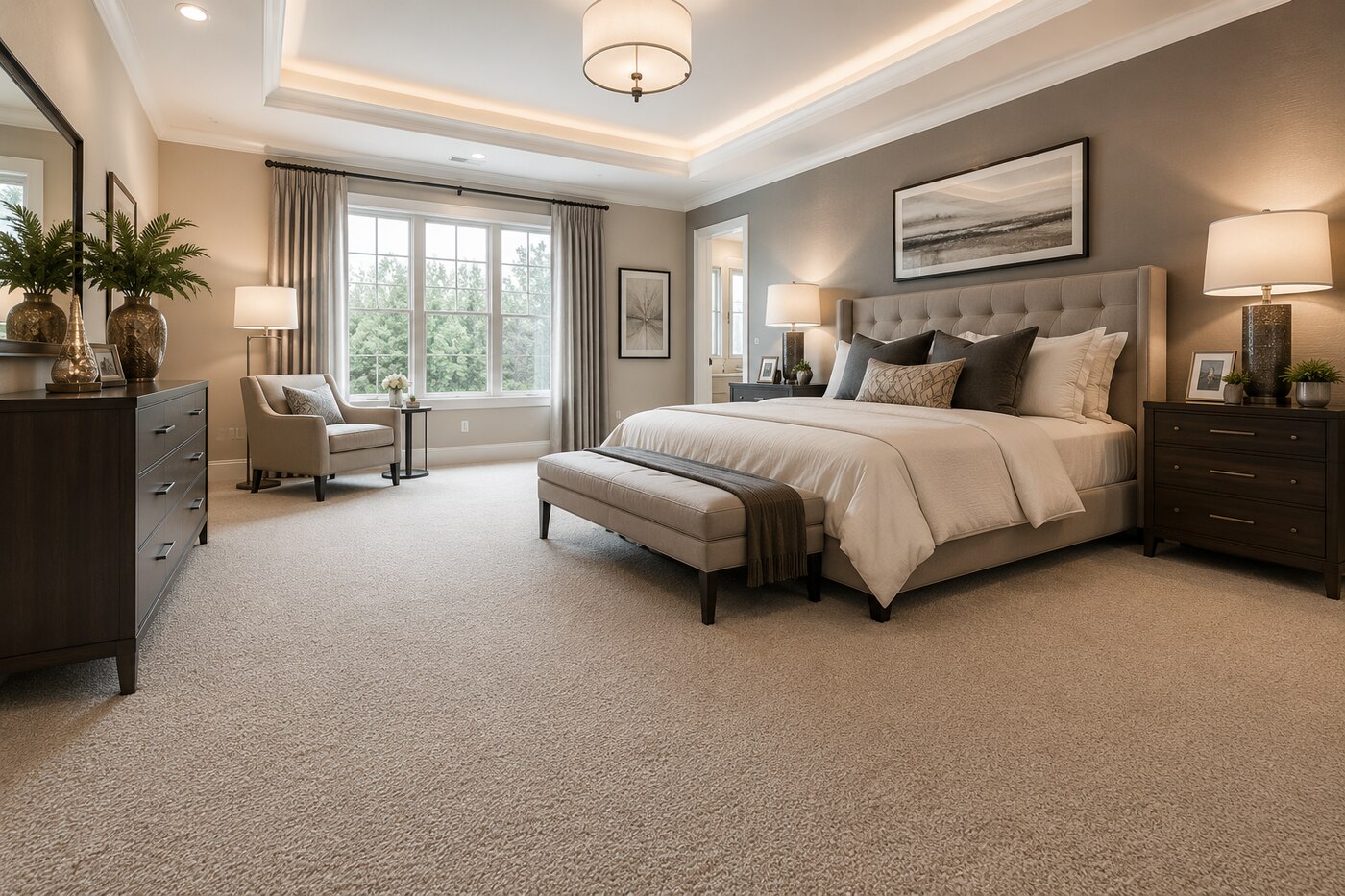 Plush bedroom carpet installation with tray ceiling, Line Flooring project