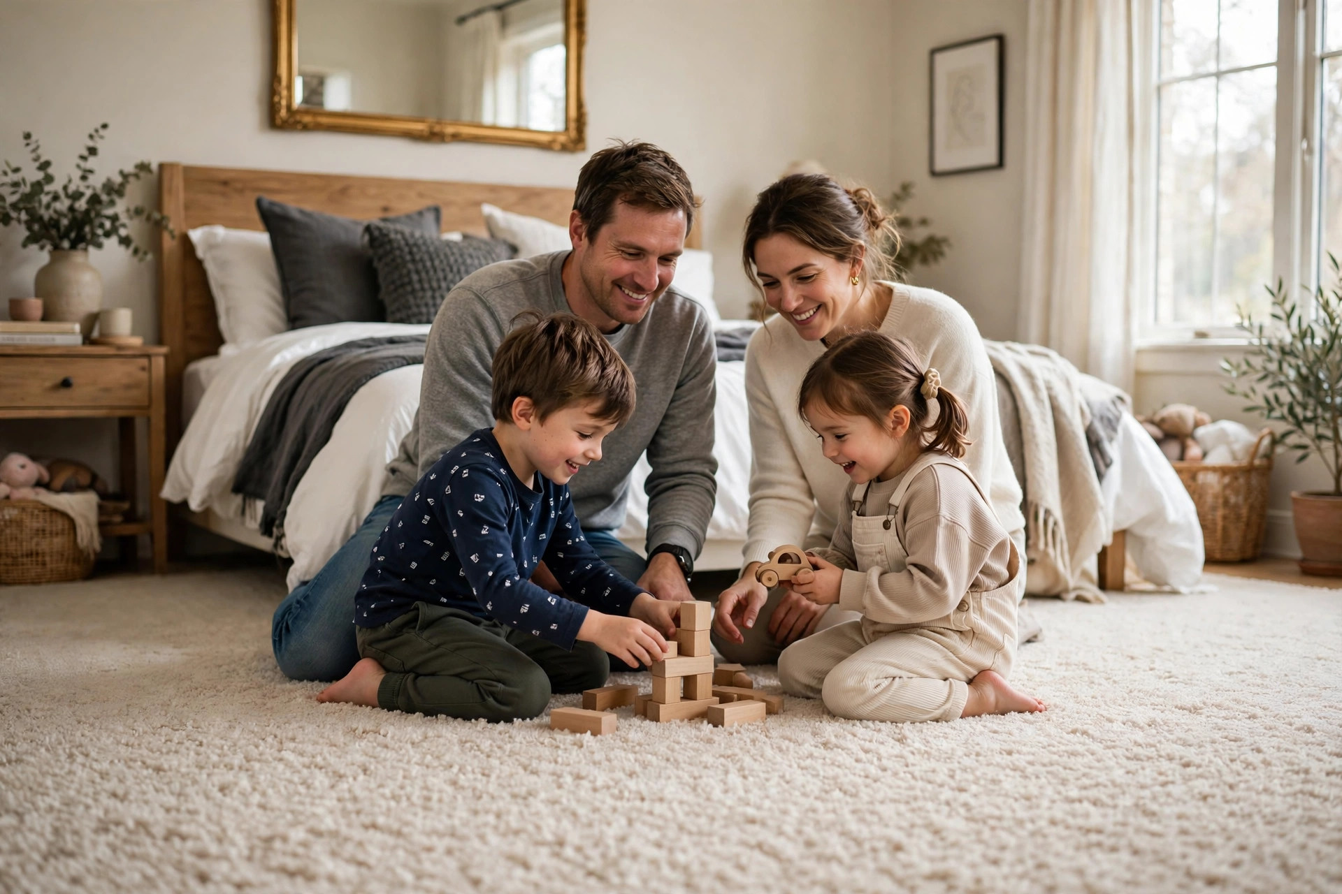 Family playing on plush carpet in a cozy bedroom