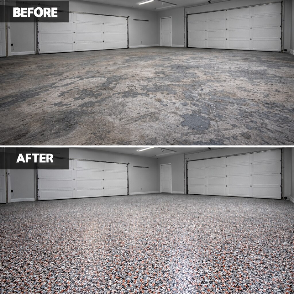 Garage floor before and after epoxy flake coating