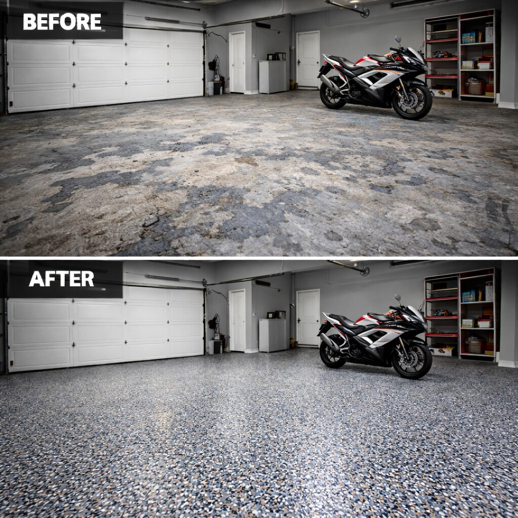 Garage floor before and after epoxy coating, motorcycle storage