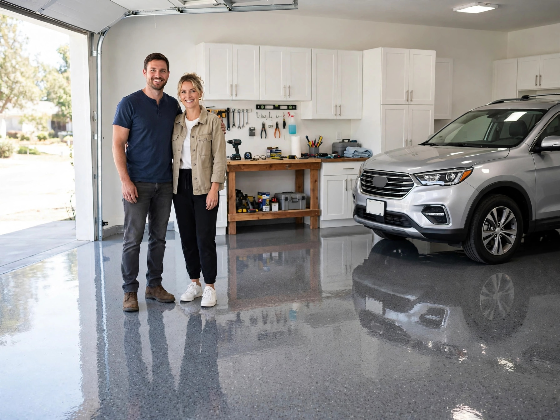 Homeowners standing in their garage with a glossy epoxy flake floor and their car
