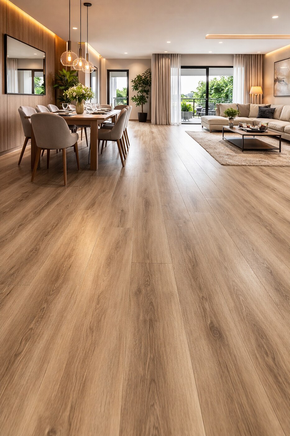 Wide-plank LVP flooring next to large-format tile flooring, Line Flooring project