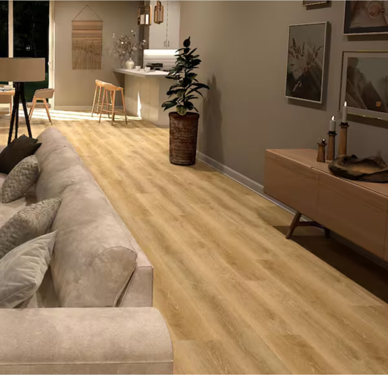 Wide-plank flooring through a modern living room