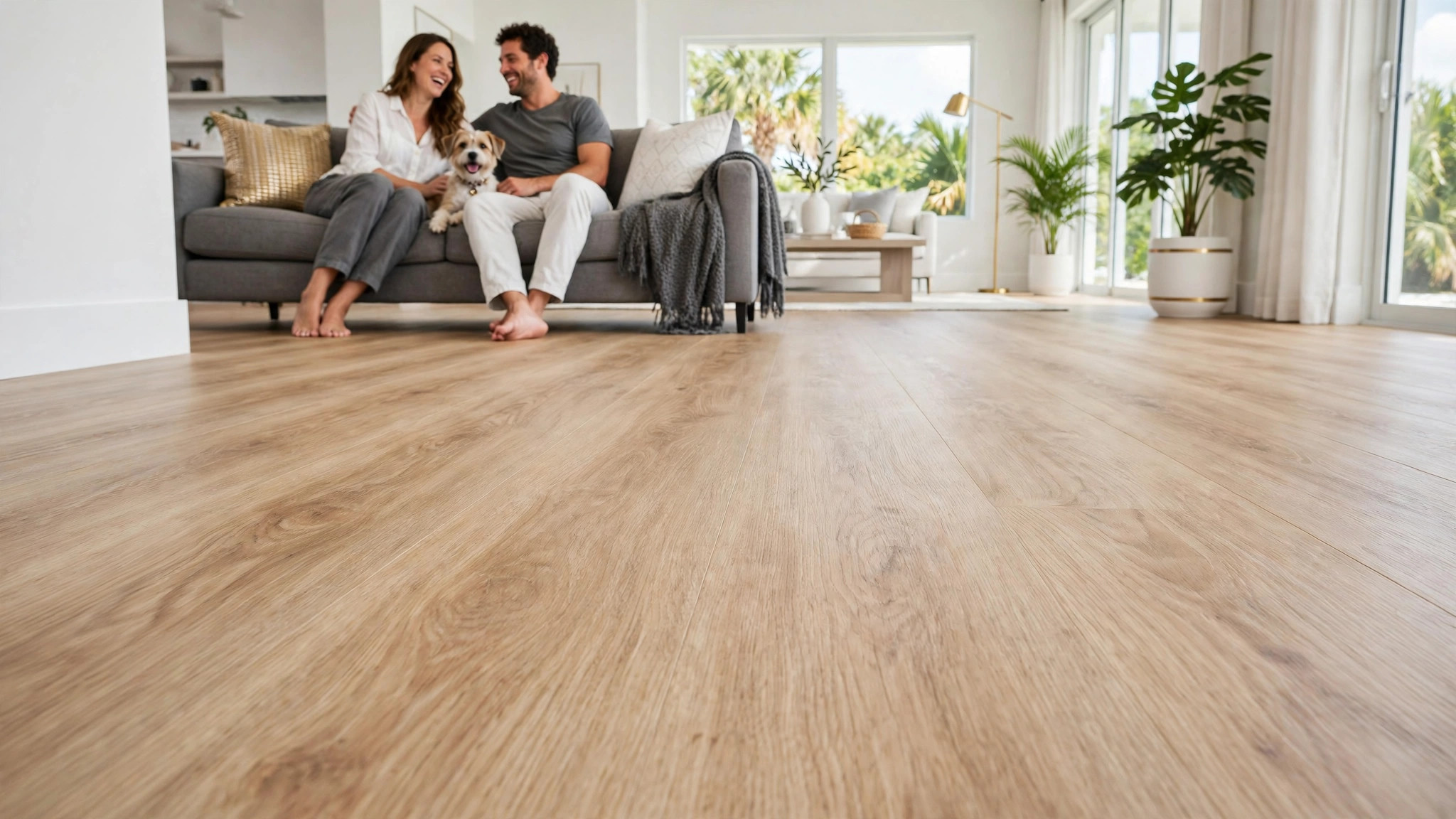 Couple with their dog relaxing on a sofa in a living room with wide-plank vinyl flooring