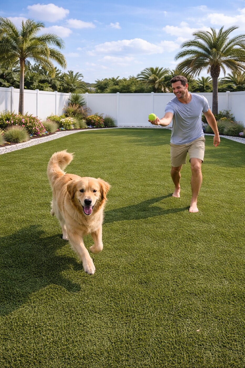 Homeowner playing with a dog on artificial turf, Line Flooring project
