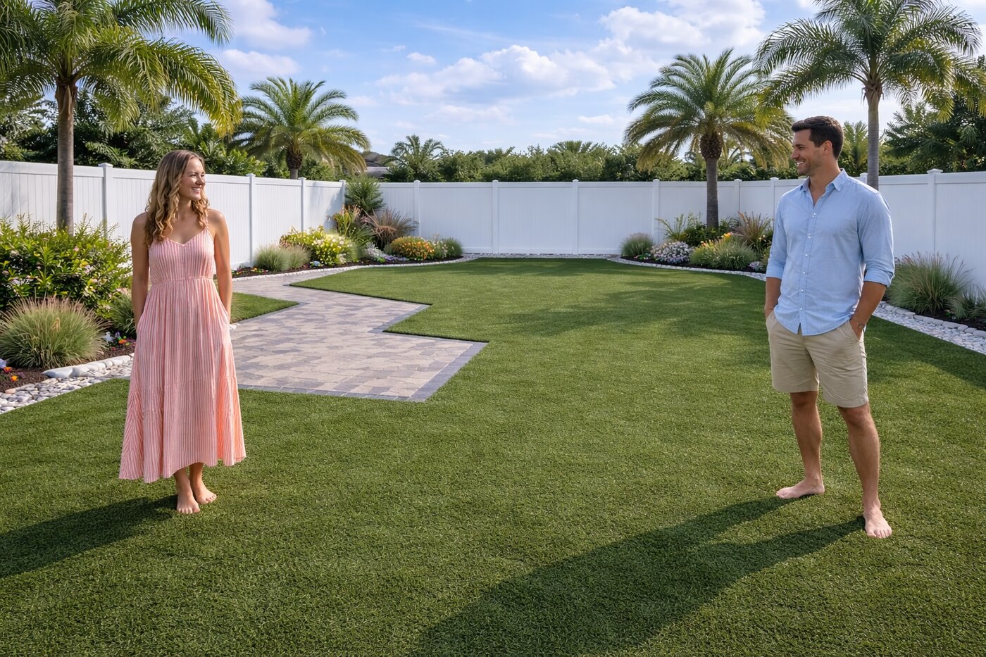 Artificial turf backyard with paver walking path