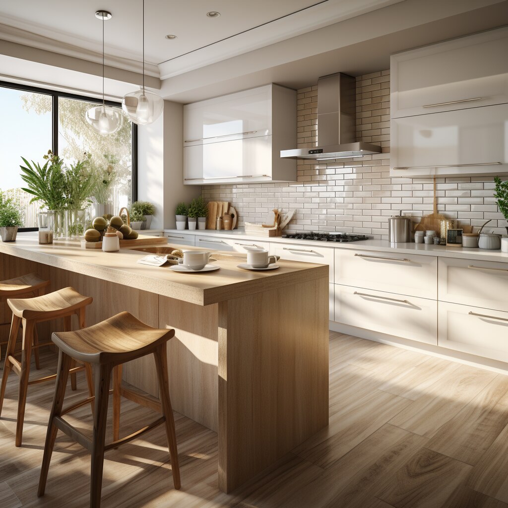 Modern white kitchen design concept with wood island and tile backsplash