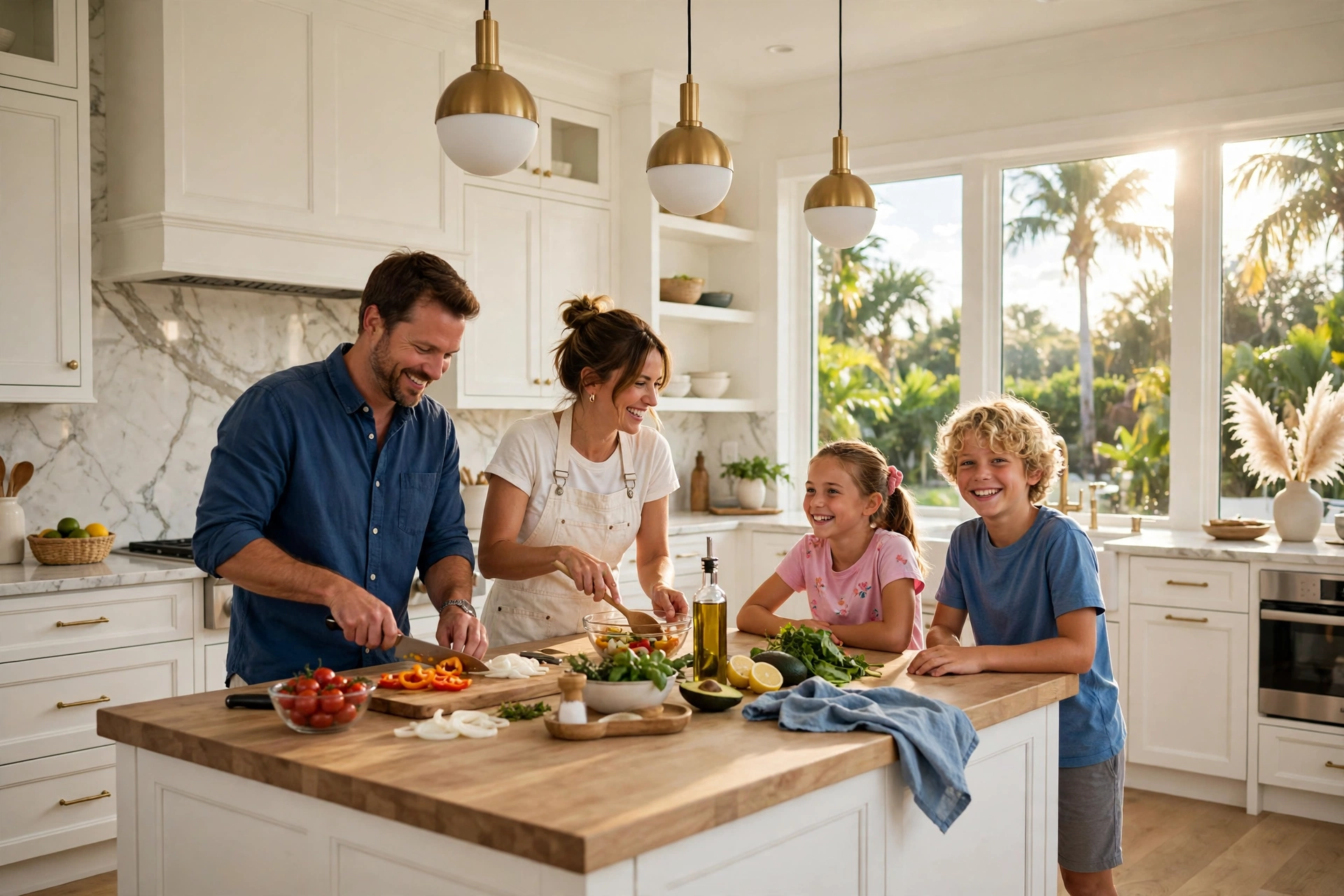 Happy family cooking together in a remodeled white shaker kitchen, Line Flooring project