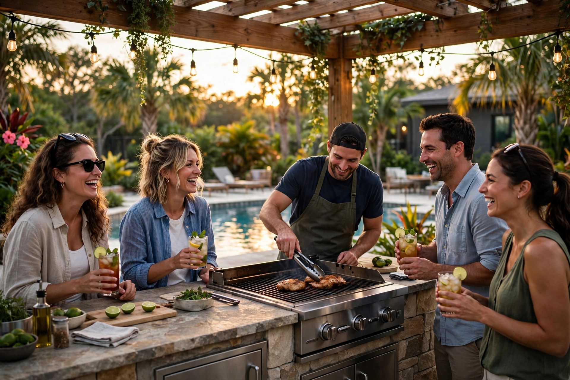 Friends gathered around a custom outdoor kitchen with grill at sunset in Central Florida, Line Flooring project