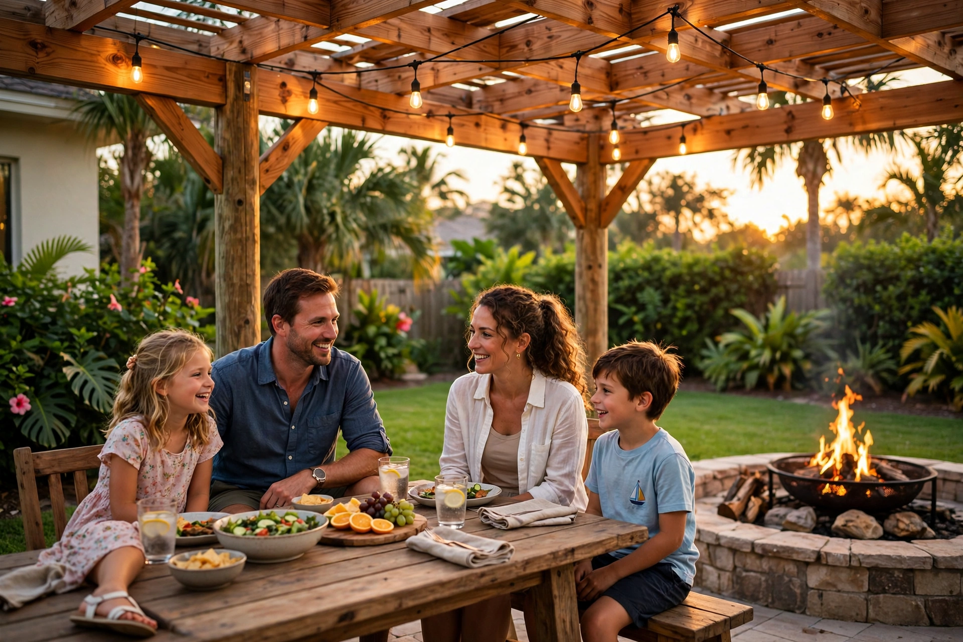 Family gathered under a custom wood pergola at sunset with string lights, Line Flooring project