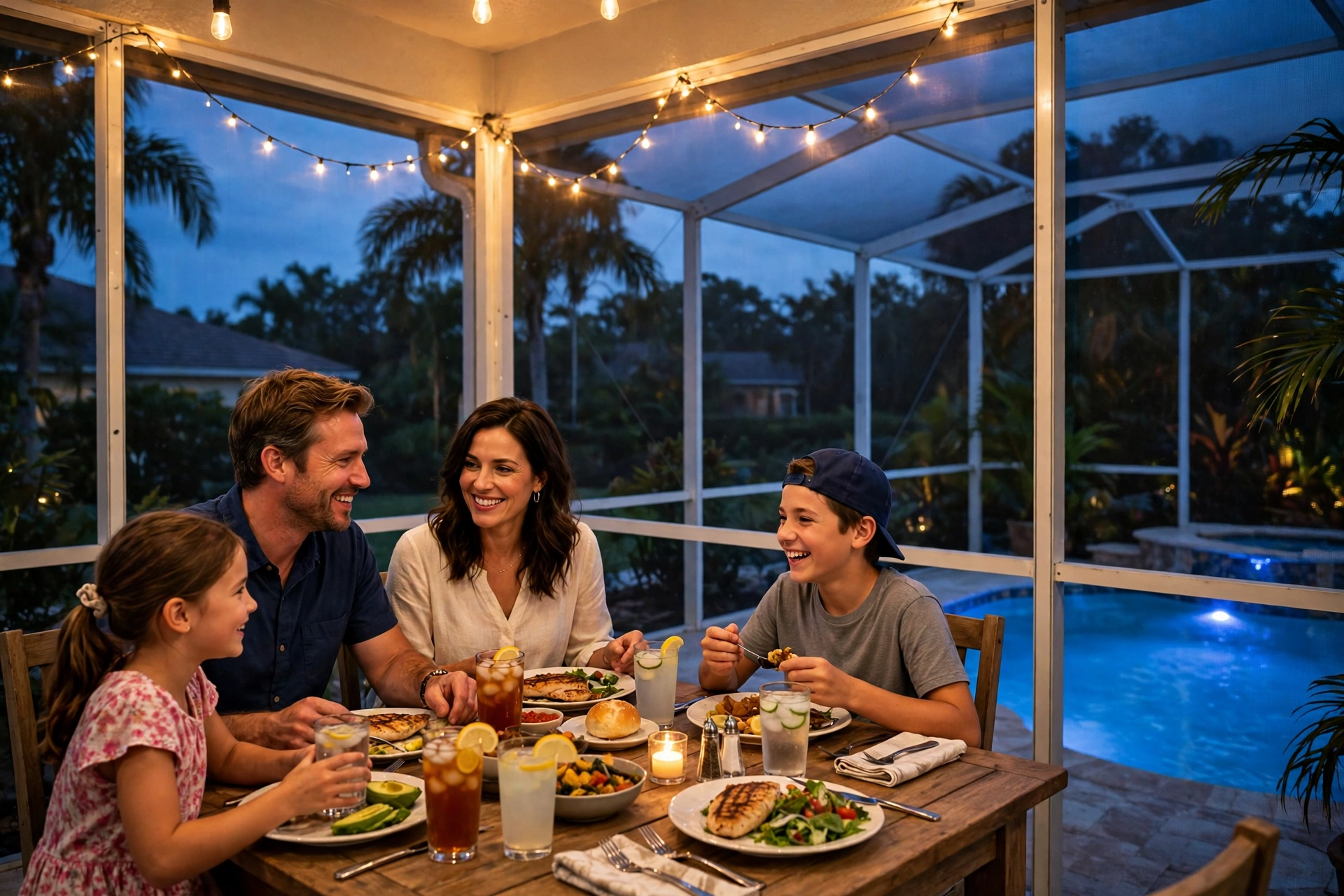 Family having dinner inside a screened enclosure at dusk, Line Flooring project