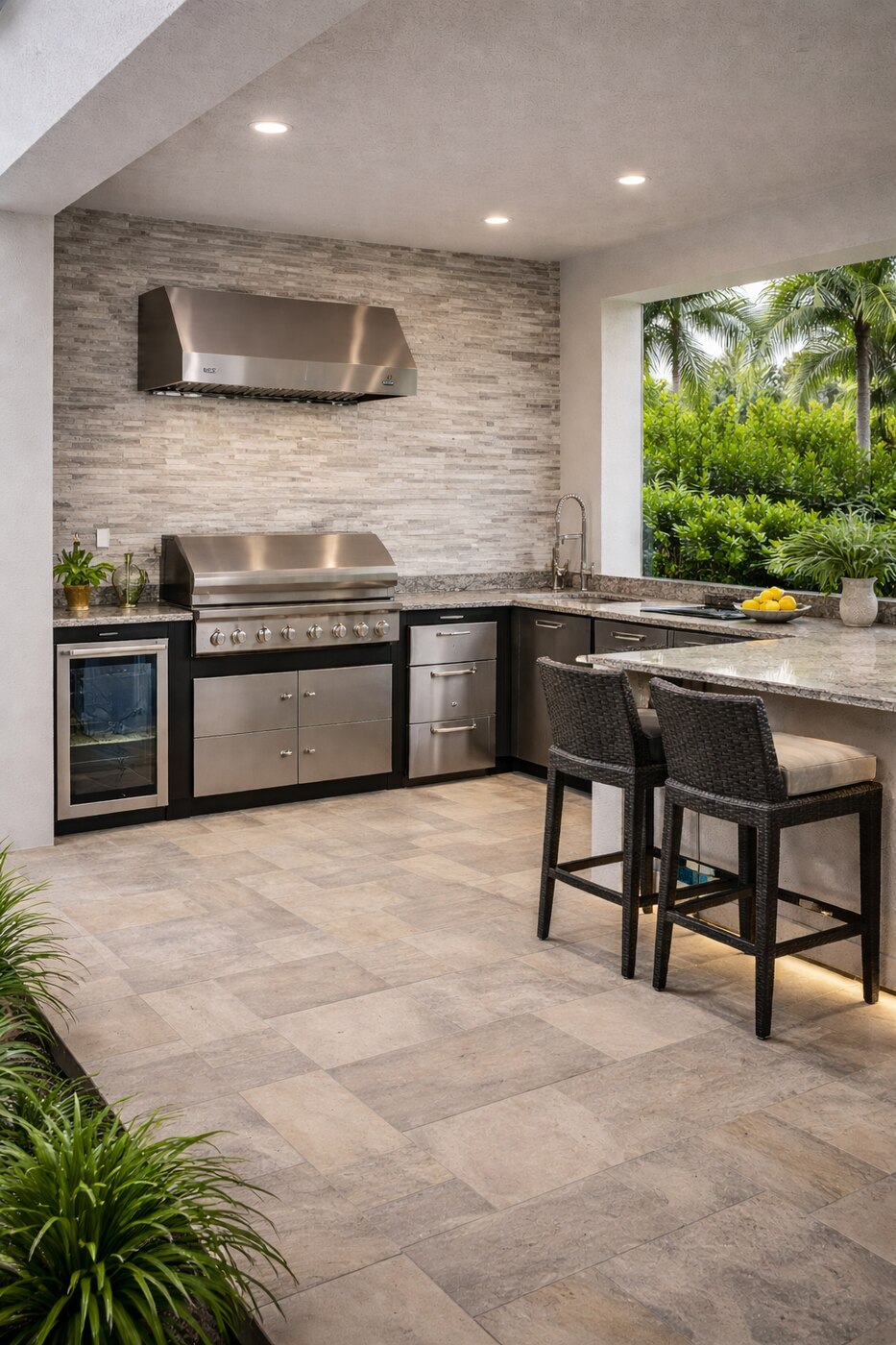Outdoor kitchen countertop and grill with stacked stone backsplash