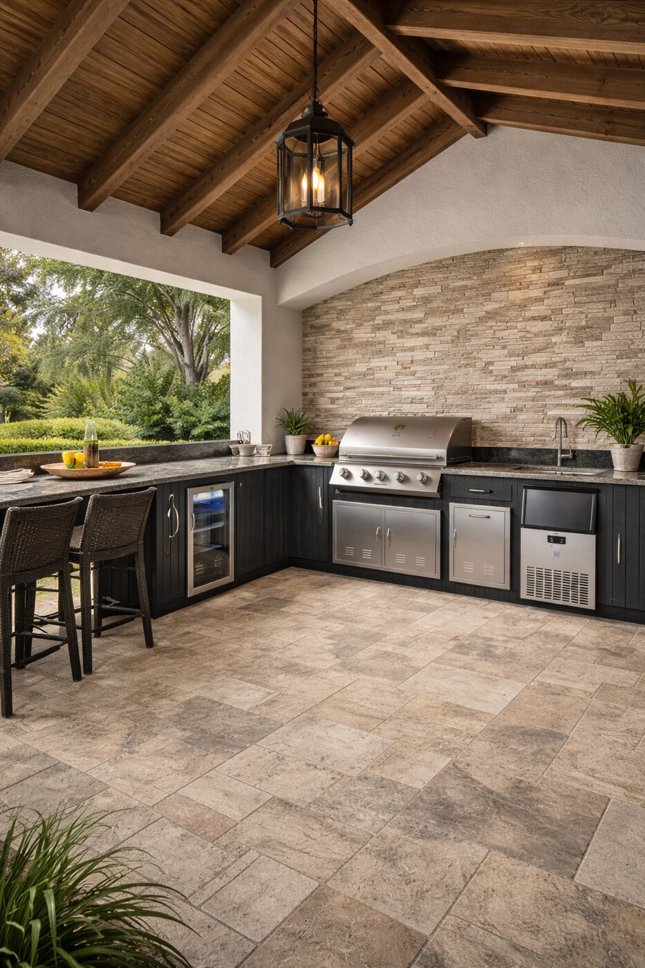 Outdoor kitchen with stone accent wall under a vaulted wood ceiling
