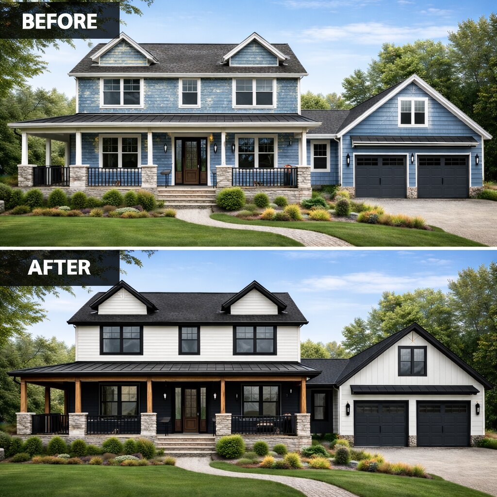 Exterior repaint from blue to a black and white farmhouse palette