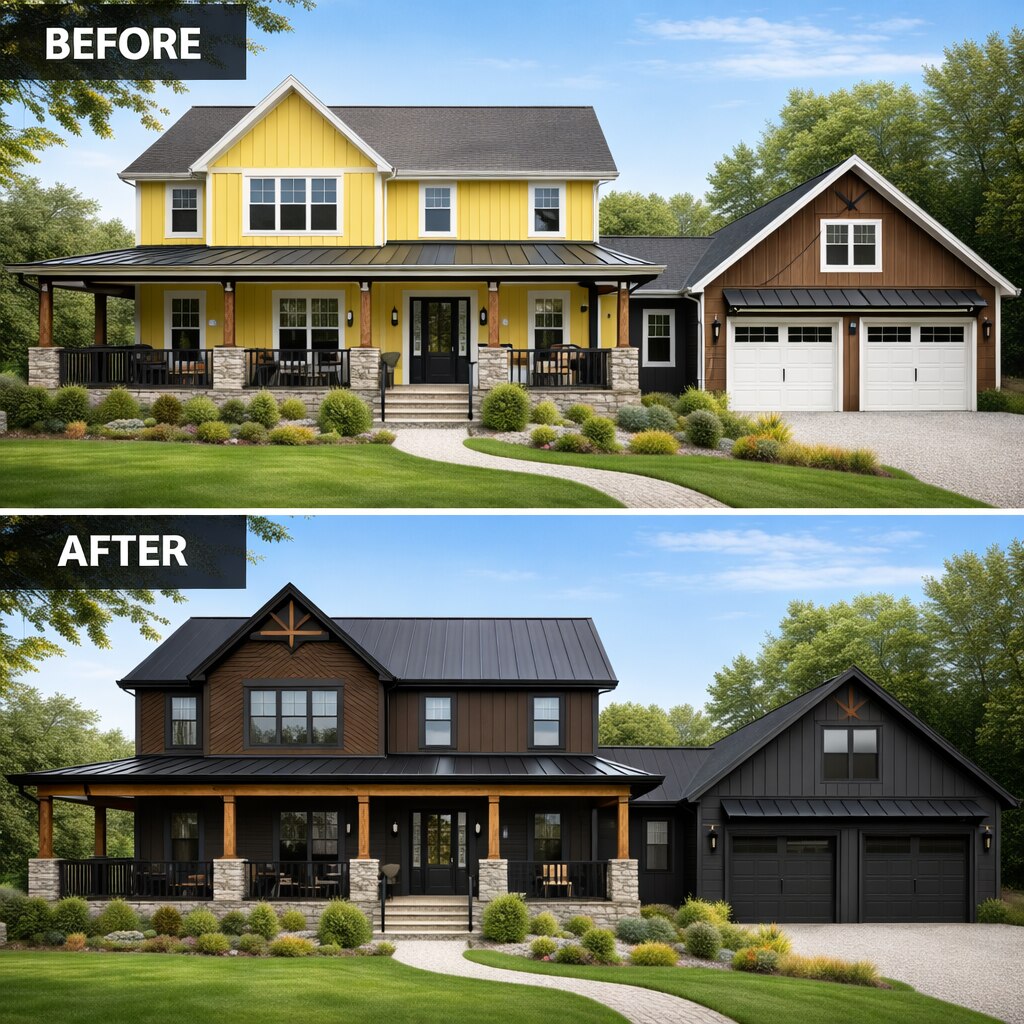 Exterior repaint from yellow to a dark modern palette, Line Flooring project