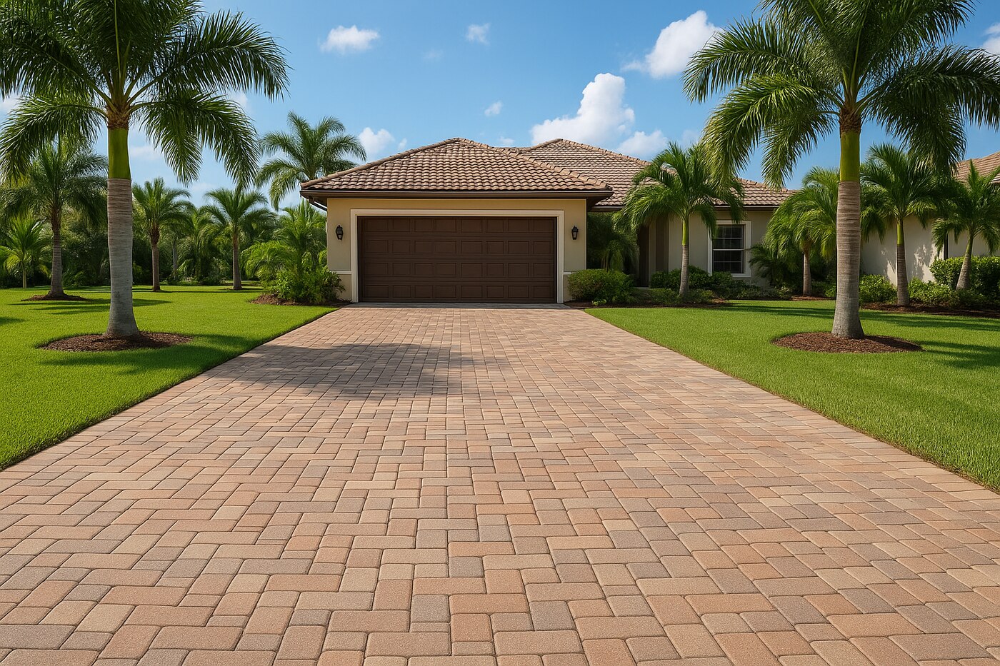 Paver driveway with herringbone pattern