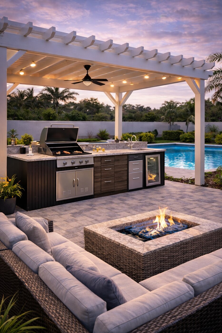 Wood pergola with built-in outdoor kitchen and fire pit at dusk