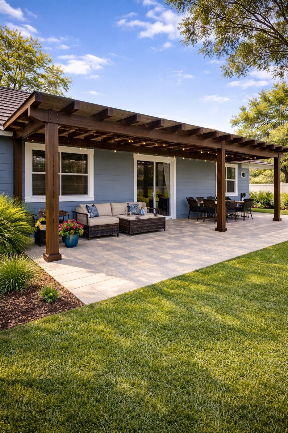 Wood pergola attached to a home over a paver patio