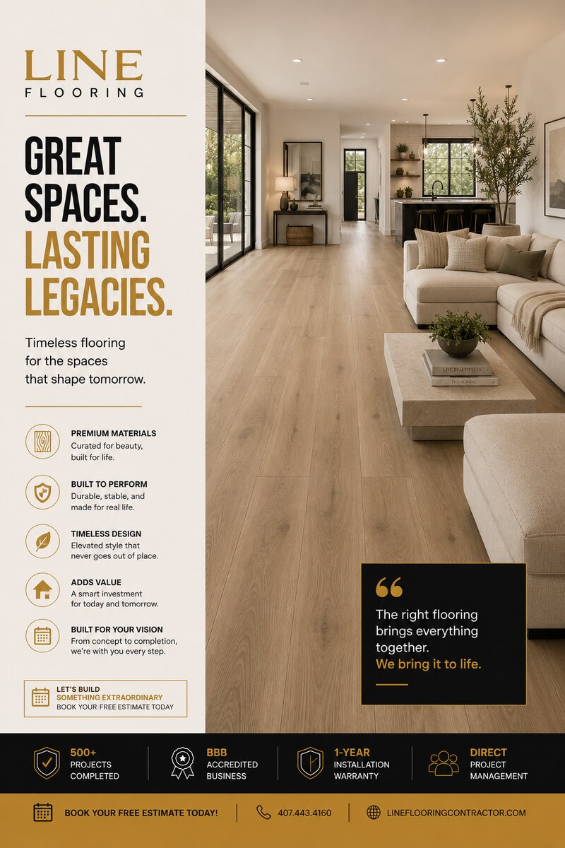 Line Flooring flooring campaign graphic — Great Spaces, Lasting Legacies