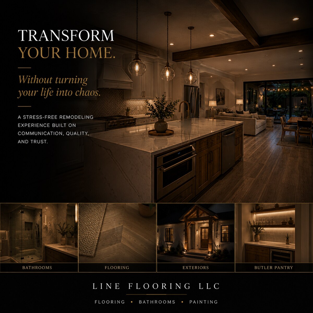 Line Flooring kitchen, bathroom, and exterior remodeling campaign graphic