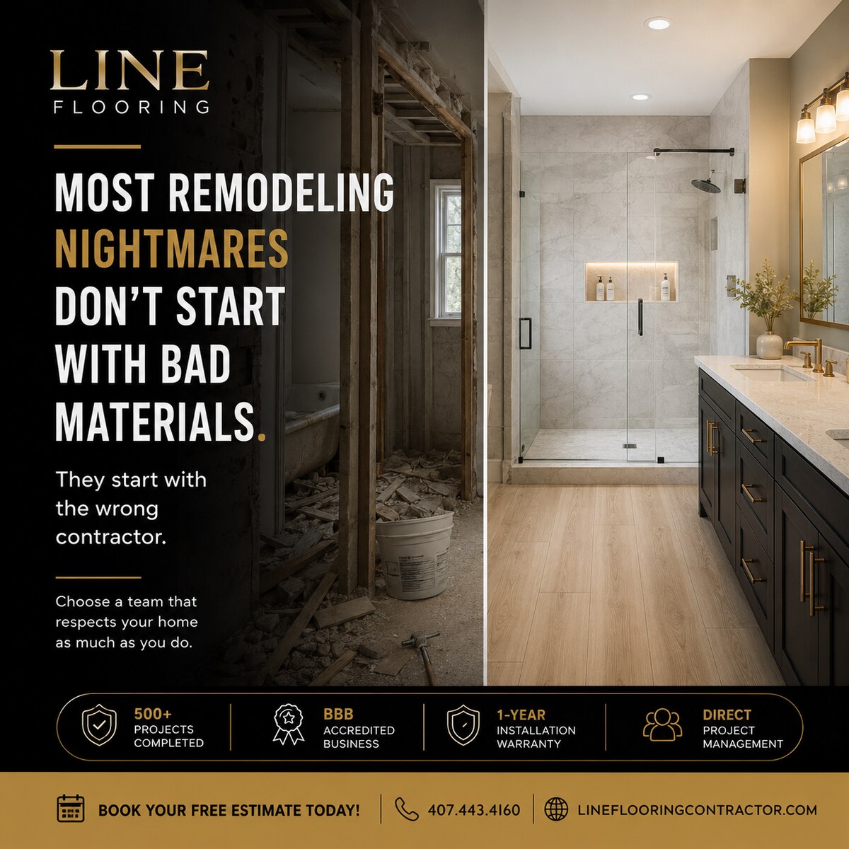 Line Flooring before-and-after campaign graphic — bathroom demo versus finished remodel