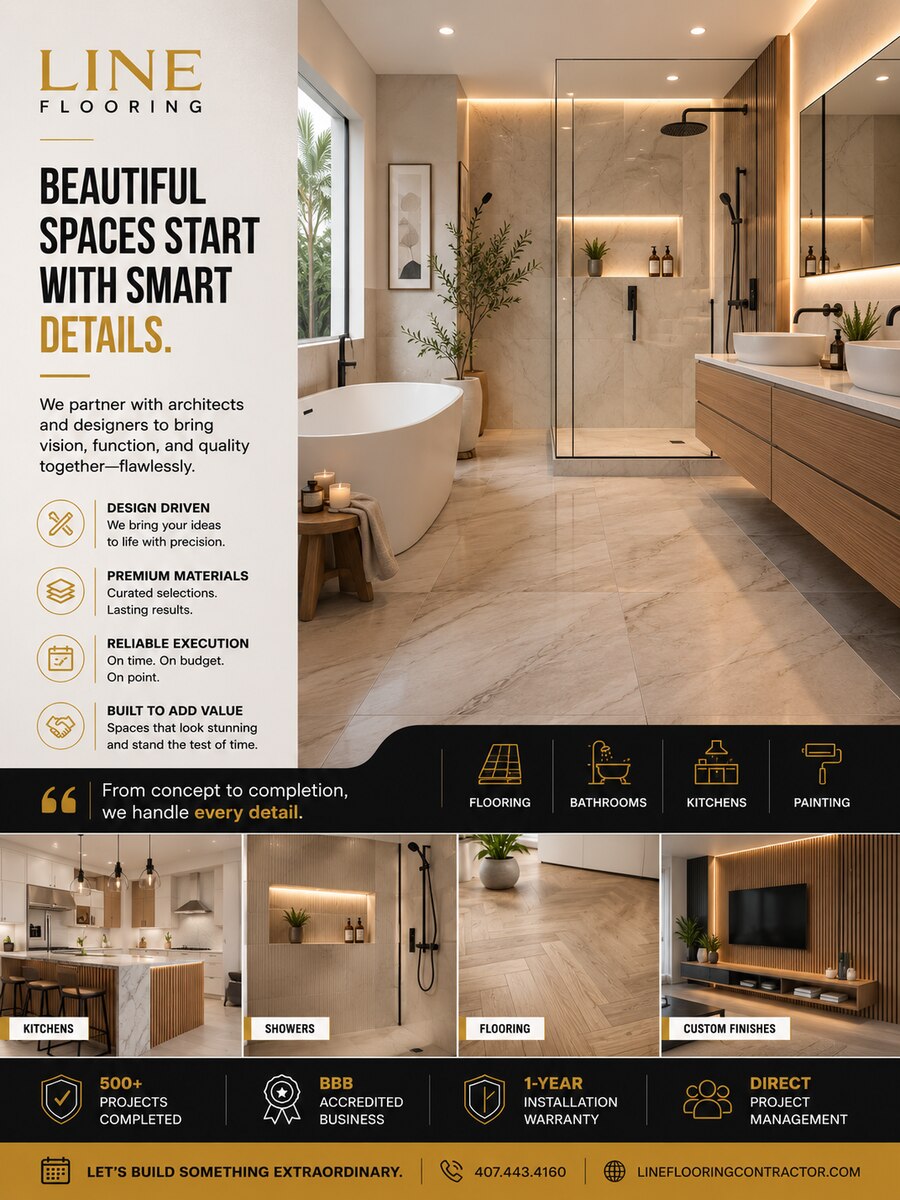 Line Flooring bathroom campaign graphic — Beautiful Spaces Start With Smart Details