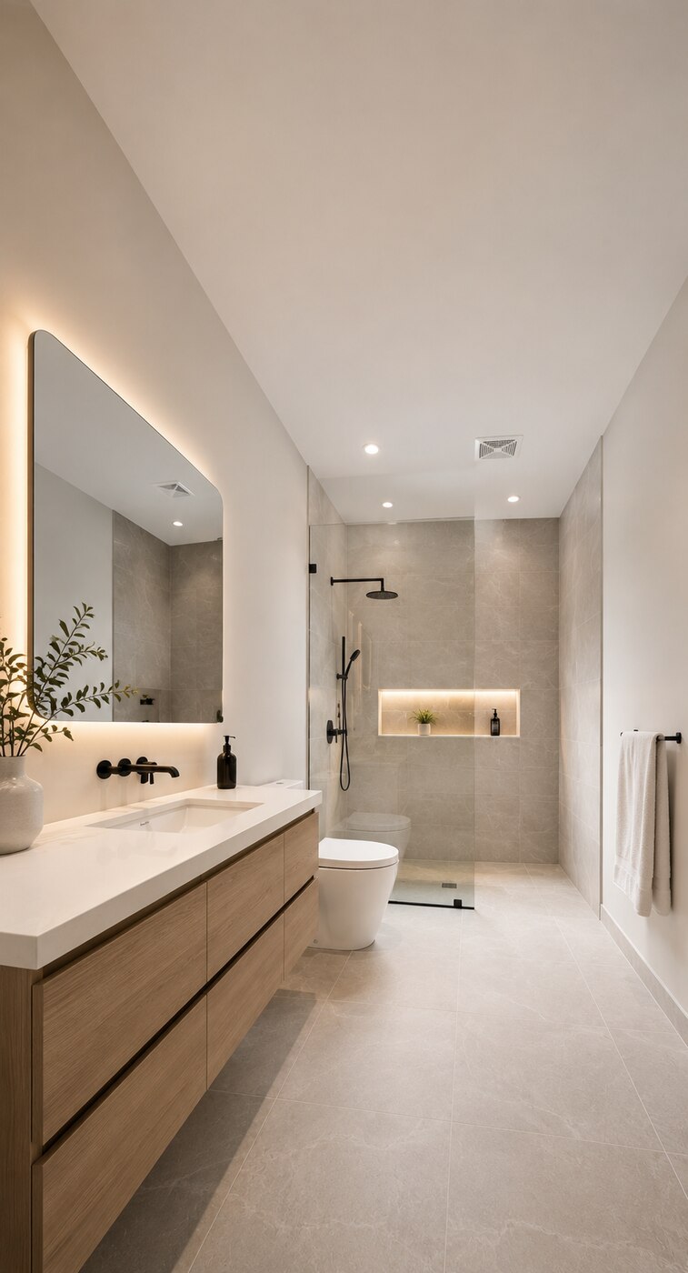 Modern bathroom with wood vanity and walk-in shower