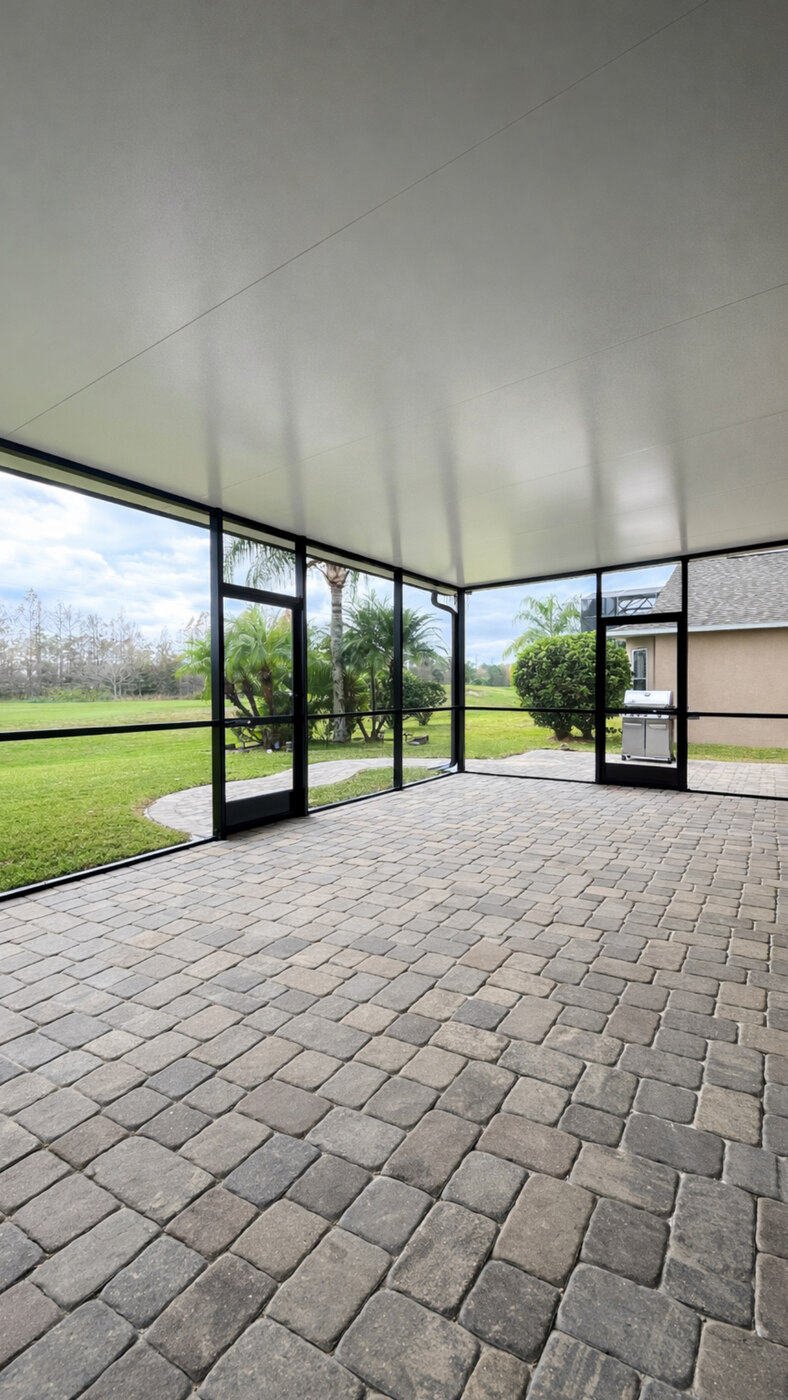 Interior view of a screened lanai with paver flooring