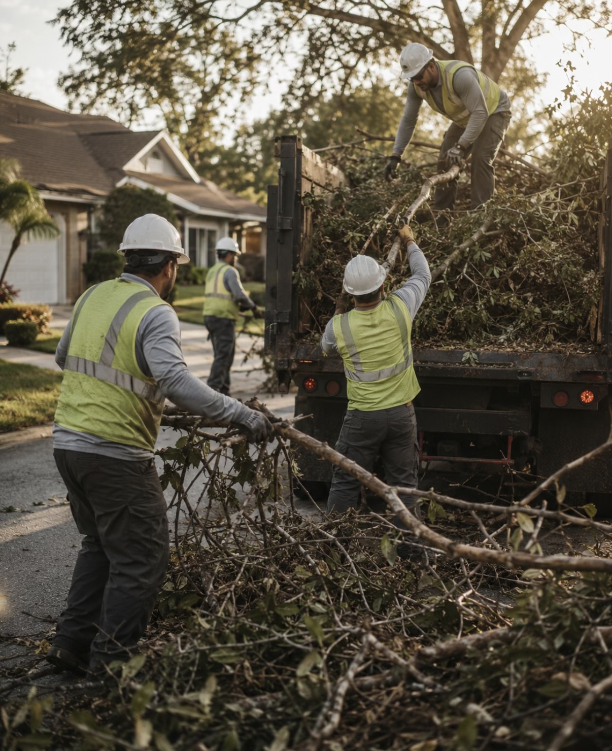 Storm cleanup crew loading hurricane debris into a truck on a residential street