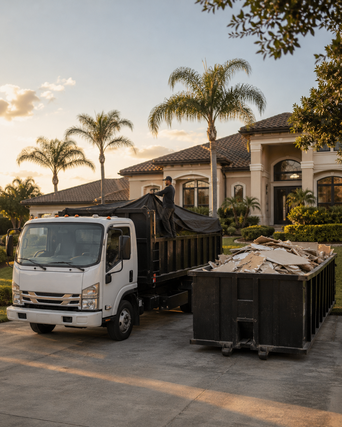 Dump truck and roll-off dumpster loaded with debris in a residential driveway