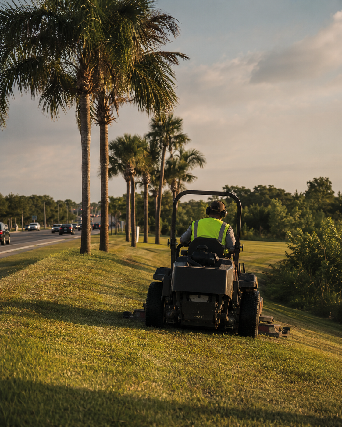 Landscape crew mowing a grass median along a roadside with palm trees