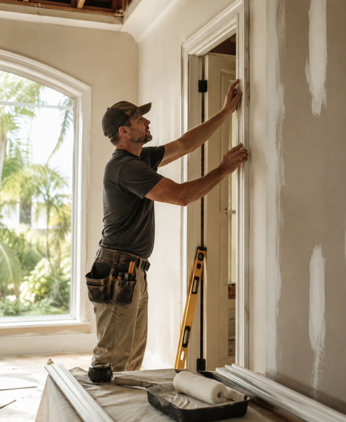 Tradesperson installing door trim during an interior home renovation
