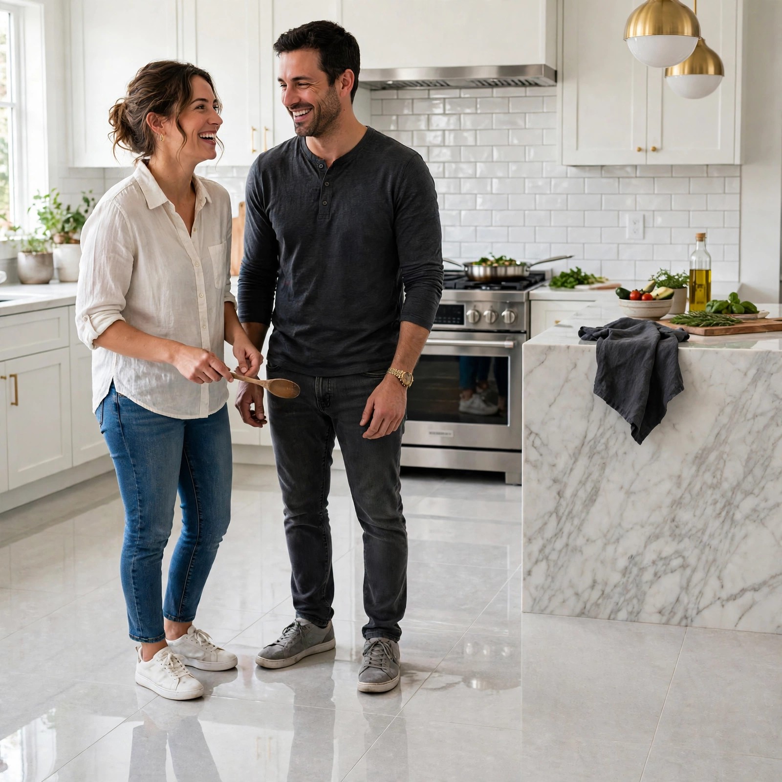 Couple cooking in a bright kitchen with porcelain tile flooring and a tiled backsplash
