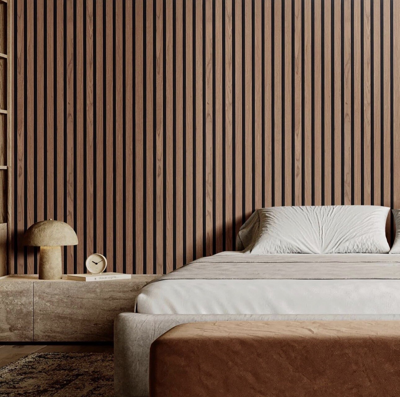 Walnut wood slat accent wall paneling in a bedroom